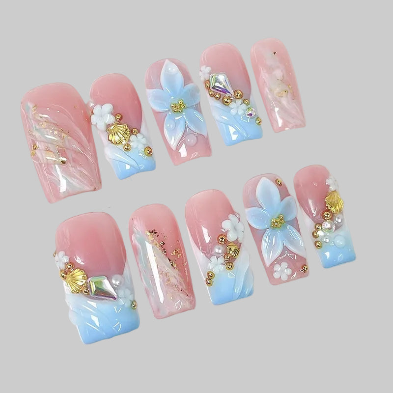 press-on nail, floral bleu, été, summer, nails, ongles, faux ongles