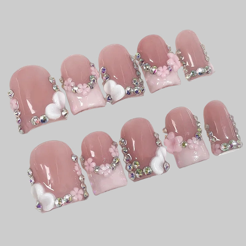 french floral, leurs, perles, strass, rose,nails, faux-ongles, press-on nails 