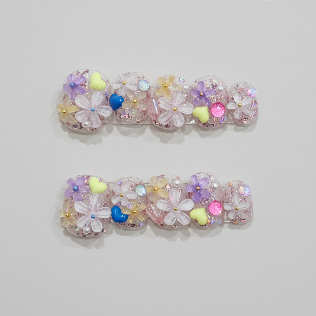 ongles fleurs rose jaune bleu violet press-on nails faux ongles été printemps spring summer nail