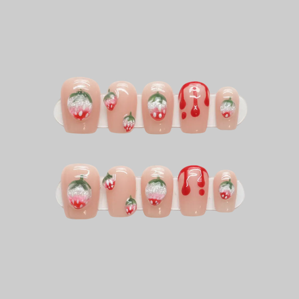 ongle press-on faux ongles motifs fraises rouge été printemps saison
