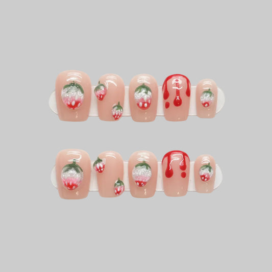 ongle press-on faux ongles motifs fraises rouge été printemps saison